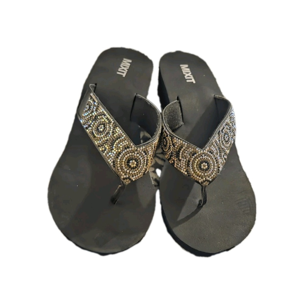 Mixit Women's Size 10 Black Jeweled Platform Flip Flops Sandals Rhinestone...